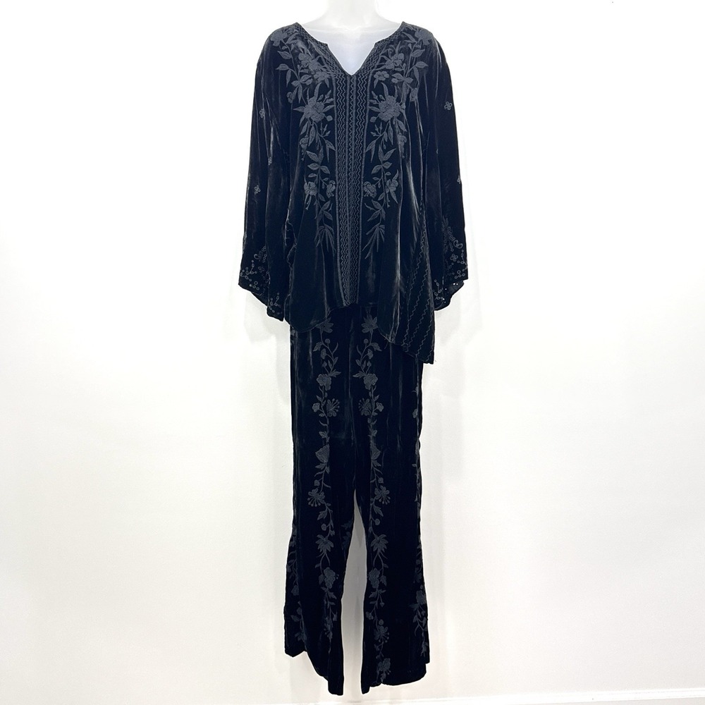 Johnny Was Velvet Top Pants Suit 2X Silk Boho Hippie Whimsigoth Embroidered